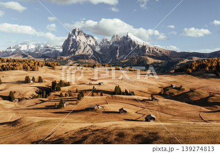 Place to live peaceful life, wooden houses. Alpe di Siusi, Seiser Alm, aerial view of majestic dolomites, mountains background 139274813