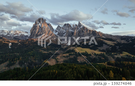 Mountains are at background. Alpe di Siusi, Seiser Alm, aerial view of majestic dolomites Mountains are at background. Alpe di Siusi, Seiser Alm, aerial view of majestic dolomites 139274846