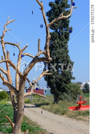 Colorful glass ornaments hang from a rustic tree on a sunny day in an open field, with vibrant greenery around and a distant red canoe visible Colorful glass ornaments hang from a rustic tree on a sunny day in an open field, with vibrant greenery around and a distant red canoe visible 139275178