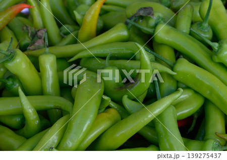 Lush green peppers piled high at a bustling outdoor market in the afternoon sun Lush green peppers piled high at a bustling outdoor market in the afternoon sun 139275437
