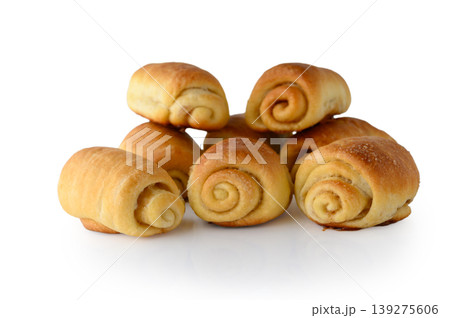 Fresh Cinnamon Sugar Buns Isolated on White Background Fresh Cinnamon Sugar Buns Isolated on White Background 139275606