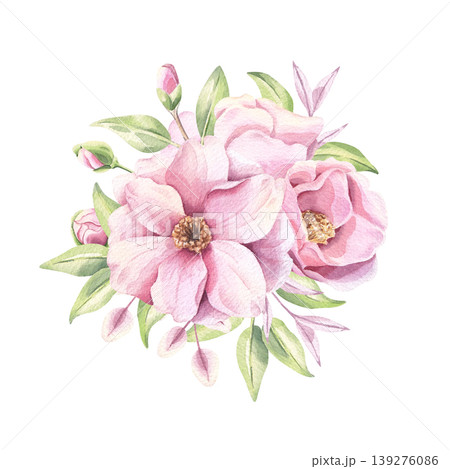 Camellia pink flowers with green branches watercolor illustration isolated on white background. Refined floral arrangement Camellia pink flowers with green branches watercolor illustration isolated on white background. Refined floral arrangement 139276086
