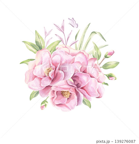 Watercolor camellia pink blooming flowers with green branches illustration isolated on white background. Airy bouquet in gentle pastel colors Watercolor camellia pink blooming flowers with green branches illustration isolated on white background. Airy bouquet in gentle pastel colors 139276087