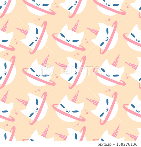 Kawaii caticorn in space seamless pattern, cute cat unicorn with saturn rings and stars, pastel nursery background, vector flat illustration for kids Kawaii caticorn in space seamless pattern, cute cat unicorn with saturn rings and stars, pastel nursery background, vector flat illustration for kids 139276136
