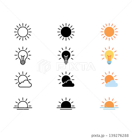 Light mode day icon set with sun light bulb and weather symbols in outline solid black and colorful design styles isolated on white background 139276288