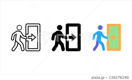 Exit sign icon set showing a person walking out of a door in outline, solid, and colorful vector styles isolated on white background 139276290
