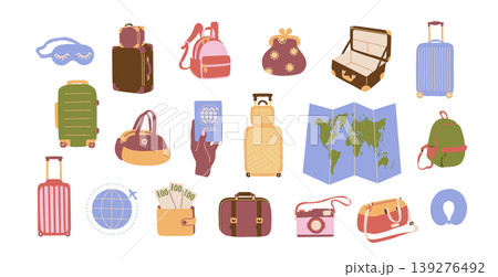 A flat vector set of vintage travel stamps. Features airplane, seashell, cruise ship, hot air balloon, starfish, pineapple cocktail, ice cream, and flamingo A flat vector set of vintage travel stamps. Features airplane, seashell, cruise ship, hot air balloon, starfish, pineapple cocktail, ice cream, and flamingo 139276492