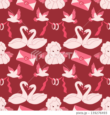 Classic Valentine's Day seamless pattern with flat style angel, doves with rings, swans, and love letter on dark red background. Elegant vector design for romantic projects. 139276493