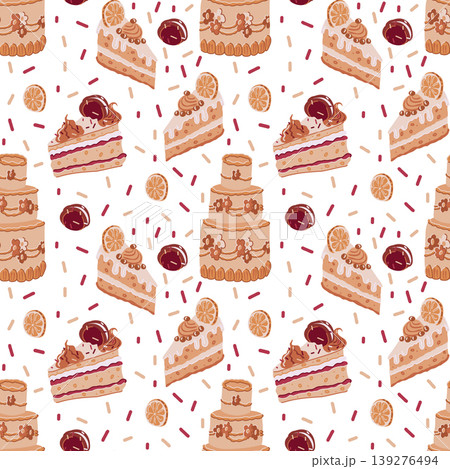 Seamless flat pattern with cream cakes, cake slices and desserts on white. Colors: cream, brulee, caramel. For packaging, textile, wallpaper design. Seamless flat pattern with cream cakes, cake slices and desserts on white. Colors: cream, brulee, caramel. For packaging, textile, wallpaper design. 139276494