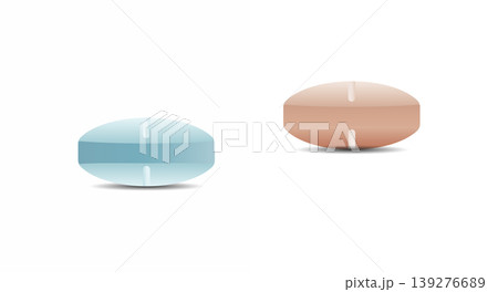 Two oval shaped blue and brown medicine pills on white background with medicine Two oval shaped blue and brown medicine pills on white background with medicine 139276689