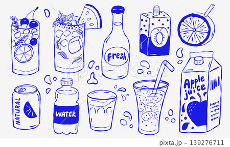 Collection of refreshing drinks in blue outline style Collection of refreshing drinks in blue outline style 139276711
