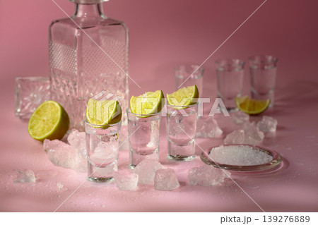 Tequila with lime, sea salt, and crushed ice on a pink background. 139276889