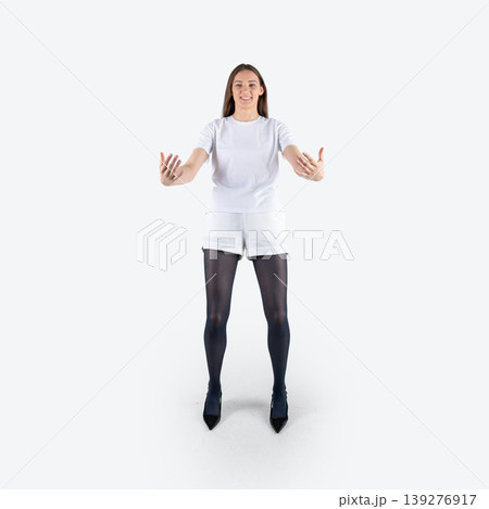 Woman smiling, presenting holding gesture on white background Woman smiling, presenting holding gesture on white background 139276917