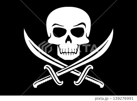 Classic Jolly Roger pirate flag with skull and crossed cutlass swords on black background Classic Jolly Roger pirate flag with skull and crossed cutlass swords on black background 139276991