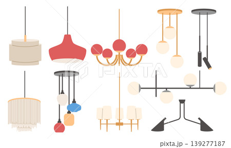 Interior lighting fixtures set: aesthetic hanging lamps in Scandinavian, loft, and contemporary styles for home decor. Interior lighting fixtures set: aesthetic hanging lamps in Scandinavian, loft, and contemporary styles for home decor. 139277187