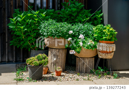 Many different pots with flowers standing on the street to decorate the terrace Many different pots with flowers standing on the street to decorate the terrace 139277243