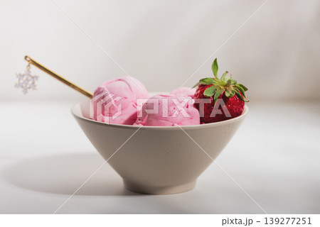 Ice Cream Bowls with Fruit and Mint on White Background Ice Cream Bowls with Fruit and Mint on White Background 139277251