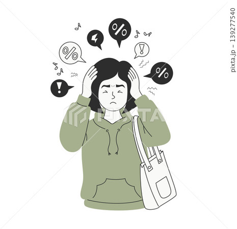 Neurodiversity Concept. Autistic Woman with Headache and Sensory Overload. Burnout and Stress from Social Pressure, Information and Sounds. Mental Health Illustration. Vector Illustration. Neurodiversity Concept. Autistic Woman with Headache and Sensory Overload. Burnout and Stress from Social Pressure, Information and Sounds. Mental Health Illustration. Vector Illustration. 139277540