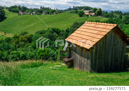 A small wooden shed with a small solar panel against the backdrop of vineyards 139277571