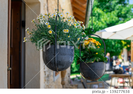 Two hanging flower pots with bushes of various blooming flowers on the veranda 139277638
