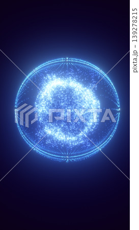 Blue digital particle globe with orbiting rings, futuristic network sphere visualization on dark background Blue digital particle globe with orbiting rings, futuristic network sphere visualization on dark background 139278215