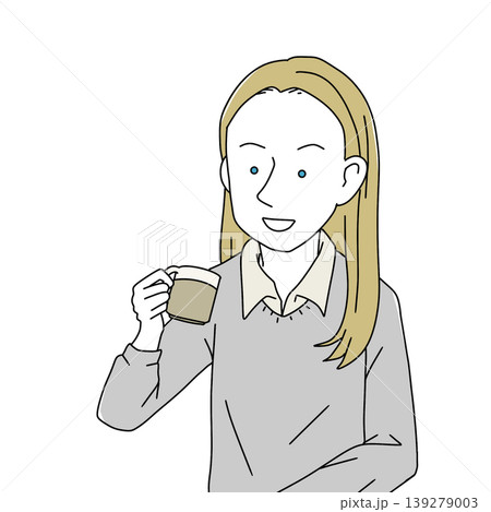 コーヒーを持つ外国人女性のイラスト・カフェ・リラックス・ビジネス シンプル コーヒーを持つ外国人女性のイラスト・カフェ・リラックス・ビジネス シンプル 139279003