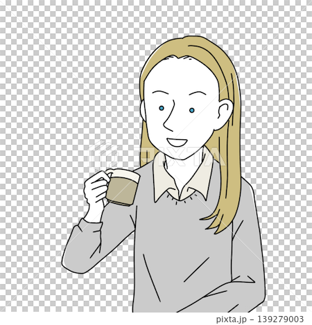 コーヒーを持つ外国人女性のイラスト・カフェ・リラックス・ビジネス シンプル コーヒーを持つ外国人女性のイラスト・カフェ・リラックス・ビジネス シンプル 139279003