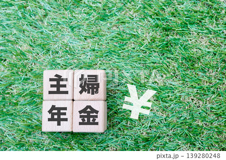 主婦年金。国民年金第3号被保険者制度。芝生背景にブロック文字 139280248