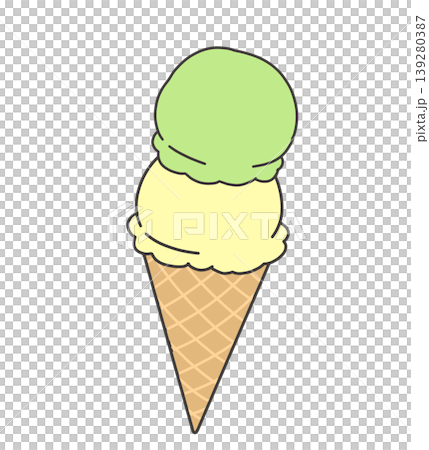 Two-scoop ice cream in a cone, featuring light green and yellow. Two-scoop ice cream in a cone, featuring light green and yellow. 139280387