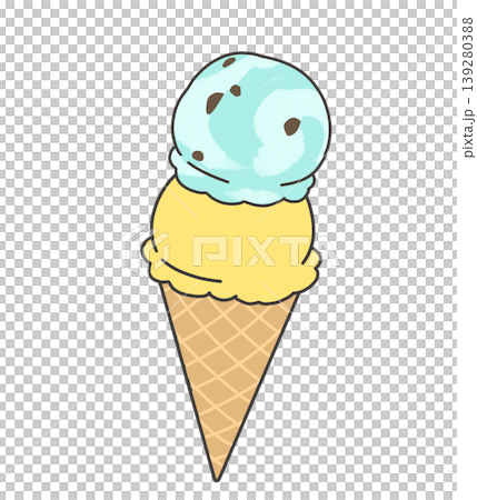 Chocolate mint and yellow two-scoop ice cream in a cone Chocolate mint and yellow two-scoop ice cream in a cone 139280388
