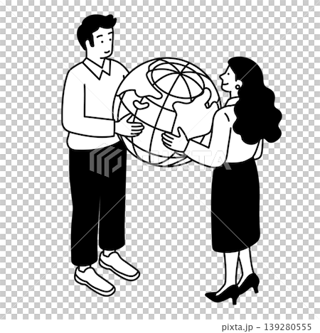 A simple illustration of a woman and a man holding a monochrome Earth. 139280555