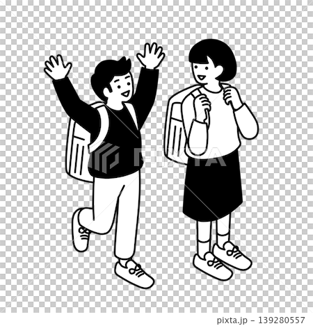 モノクロのアイソメトリック構図の小学生のシンプルな線画のイラスト 139280557