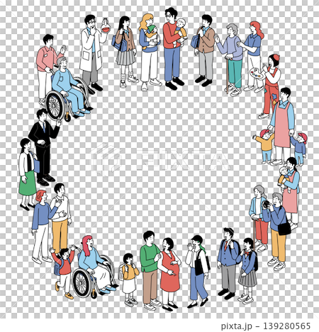 A set of illustrations of various people arranged in an isometric composition in a circle. A set of illustrations of various people arranged in an isometric composition in a circle. 139280565