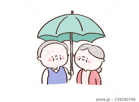 雨の中で仲良く相合傘をして歩くシニア夫婦のイラスト(老後の支え合い・パートナーシップ) 雨の中で仲良く相合傘をして歩くシニア夫婦のイラスト(老後の支え合い・パートナーシップ) 139280796