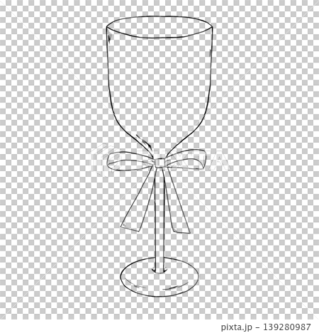 ワインの入ったグラスリボン付きの線画イラスト　 透明感のあるおしゃれな手描き素材 139280987
