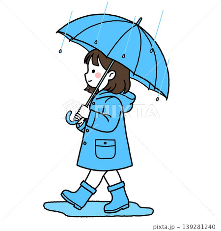 青い傘をさして歩く雨合羽姿の女の子2 139281240