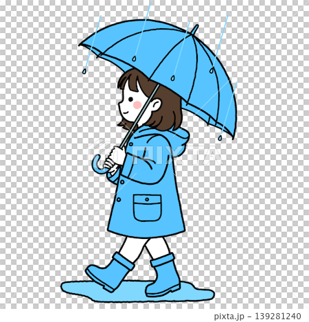 青い傘をさして歩く雨合羽姿の女の子2 139281240