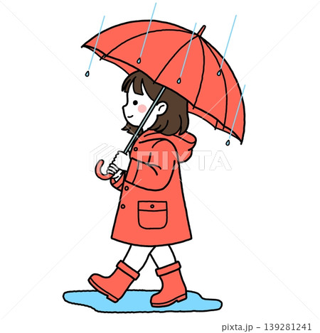 赤い傘をさして歩く雨合羽姿の女の子2 139281241