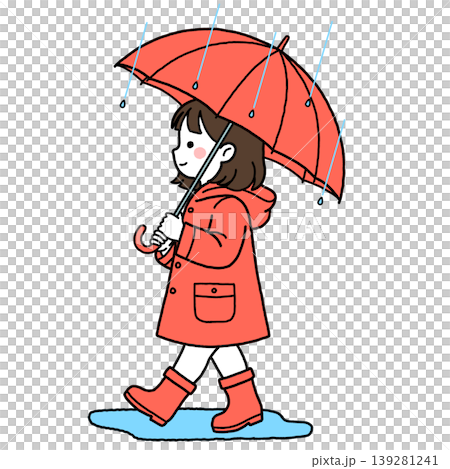 赤い傘をさして歩く雨合羽姿の女の子2 139281241