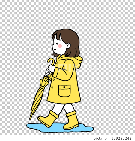 閉じた黄色い傘を持つ雨合羽姿の女の子2 139281242