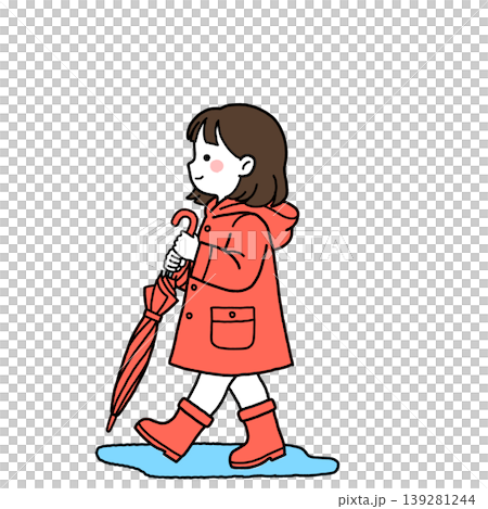 閉じた赤い傘を持つ雨合羽姿の女の子2 139281244