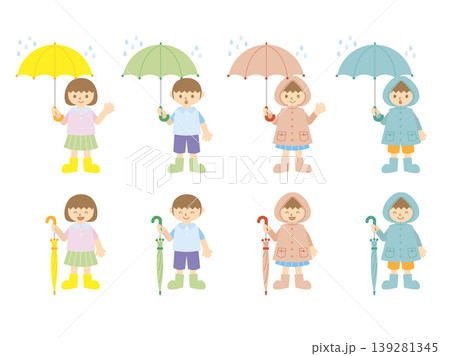 傘とレインコートを着た梅雨の子供セット 傘とレインコートを着た梅雨の子供セット 139281345