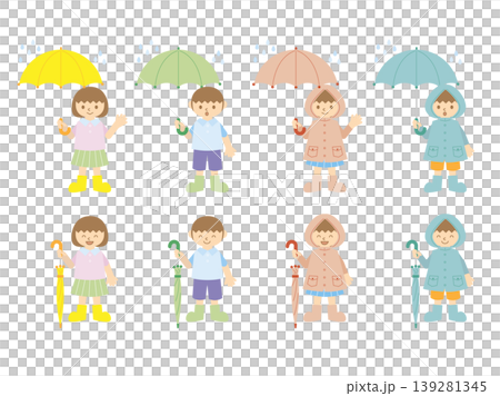 傘とレインコートを着た梅雨の子供セット 傘とレインコートを着た梅雨の子供セット 139281345