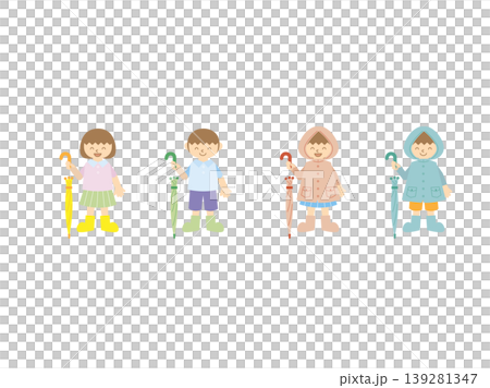 Children standing with their umbrellas closed on a rainy day 139281347