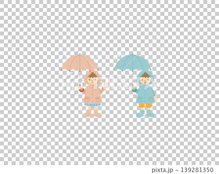 雨の中レインコートを着て傘をさす子供ペア 139281350