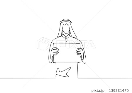 One line drawing presents an Arabian man holding a blank placard. An engaging corporate advertising concept ideally suited for a marketing campaign promotion or business presentation layout. 139281470