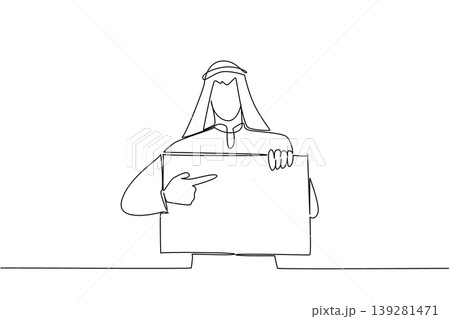 Continuous line drawing displays an Arabian man pointing his finger at a blank board. A brilliant corporate marketing concept perfectly designed for a business presentation or poster layout. 139281471