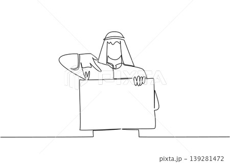 Single line drawing features an Arab man pointing his finger down at a blank board. An excellent advertising concept perfectly suited for a business promotion poster or presentation layout. Single line drawing features an Arab man pointing his finger down at a blank board. An excellent advertising concept perfectly suited for a business promotion poster or presentation layout. 139281472