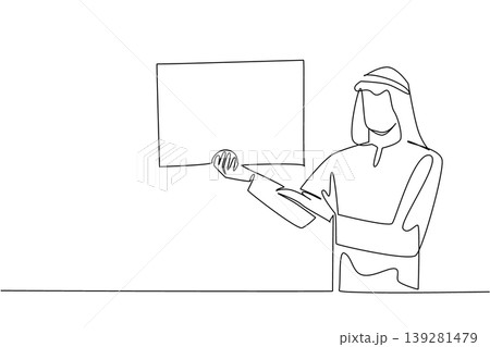 Continuous line drawing displays an Arabian man holding a blank board while shrugging his shoulders. An engaging business problem concept suited perfectly for a marketing layout poster. Continuous line drawing displays an Arabian man holding a blank board while shrugging his shoulders. An engaging business problem concept suited perfectly for a marketing layout poster. 139281479