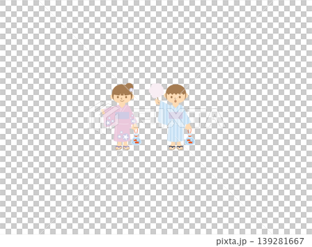 A pair of children in yukata at a summer festival; goldfish scooping and cotton candy. A pair of children in yukata at a summer festival; goldfish scooping and cotton candy. 139281667